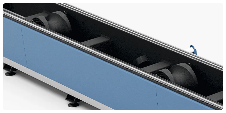 Tube supports in a laser cutting machine for tubes and profiles, equipped with rollers that stabilize the material during cutting.