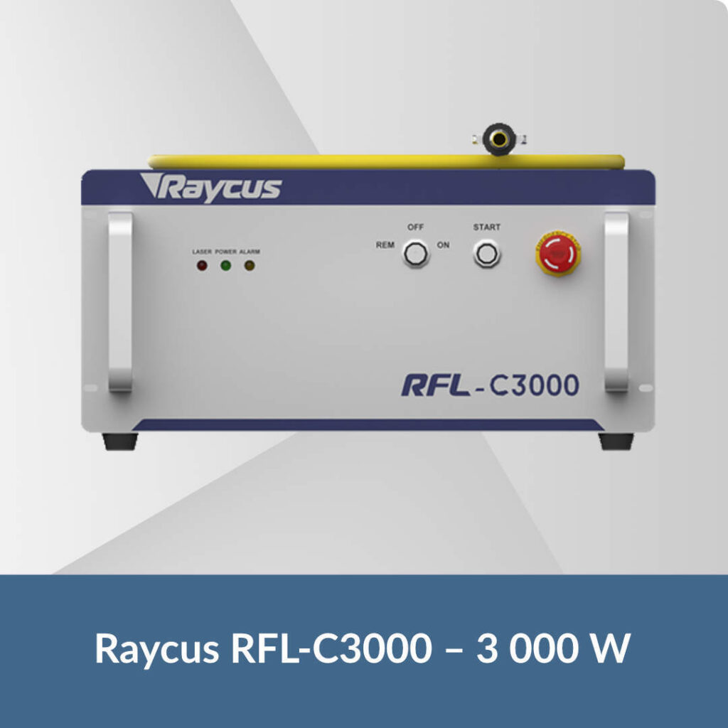 Raycus RFL-C3000 fiber laser source with 3,000 W output, designed for industrial laser cutting applications.