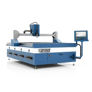 CNC plasma cutting table by Otinus with a gantry system and touchscreen control panel, shown on a transparent background.