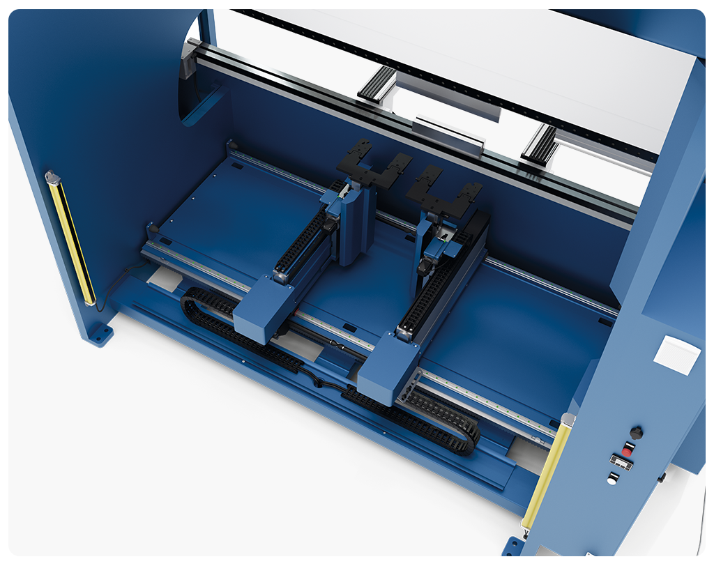 Interior view of an Otinus CNC press brake showing the motorized backgauge system with dual axes, linear guides, and safety light curtains for precise sheet metal positioning.