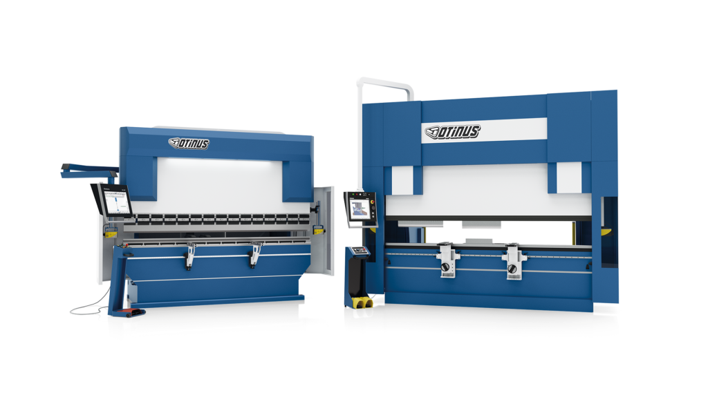 Side-by-side comparison of two Otinus hydraulic press brakes showing different machine sizes and configurations, both equipped with CNC controls and backgauge systems for sheet metal bending.