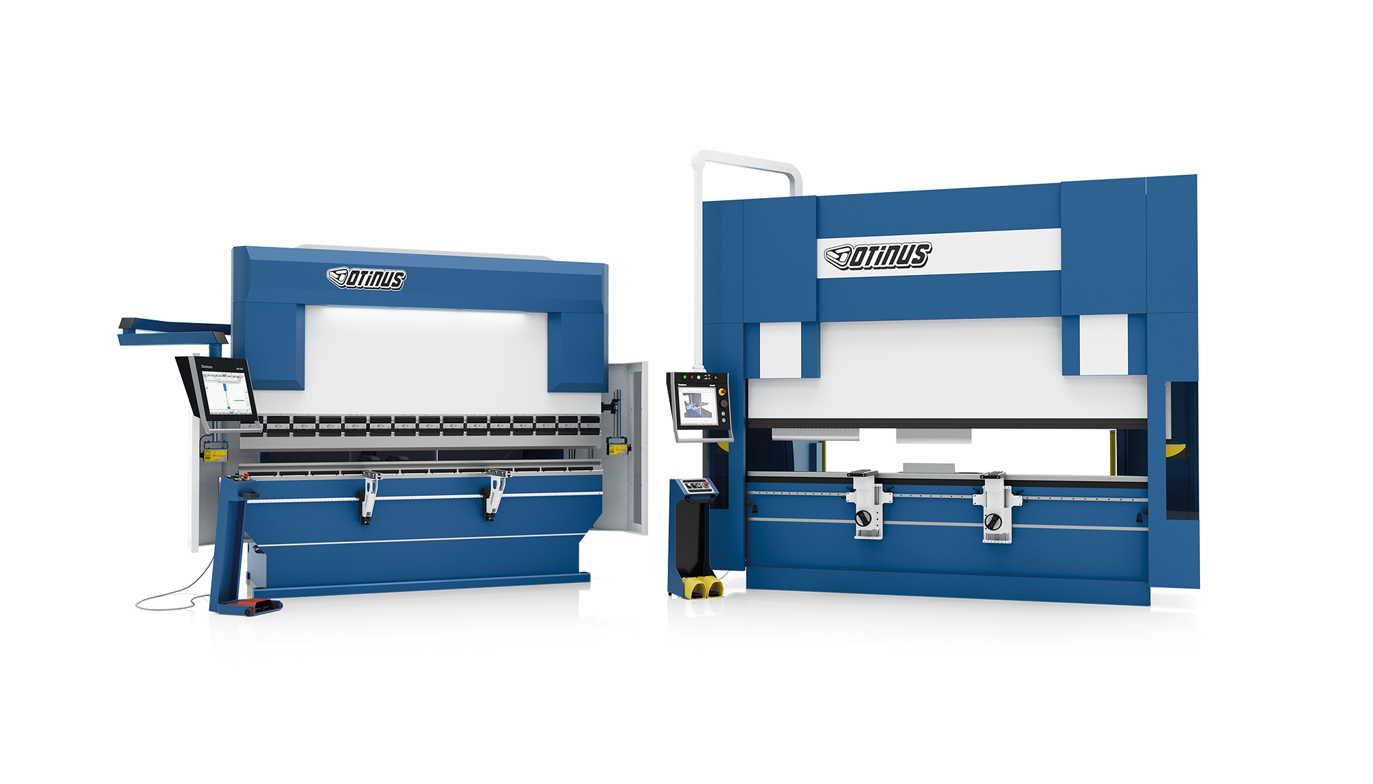 Side-by-side comparison of two Otinus hydraulic press brakes showing different machine sizes and configurations, both equipped with CNC controls and backgauge systems for sheet metal bending.