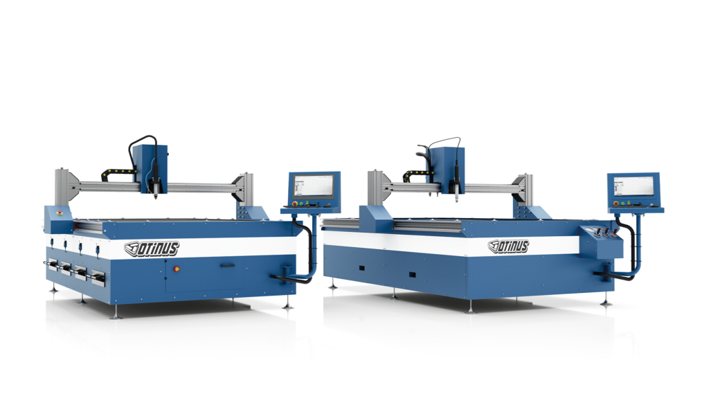 From left: an Otinus plasma cutting machine with a ventilated table and an Otinus plasma–gas cutting machine with a water table, both featuring gantry-type construction with side-mounted control panels.