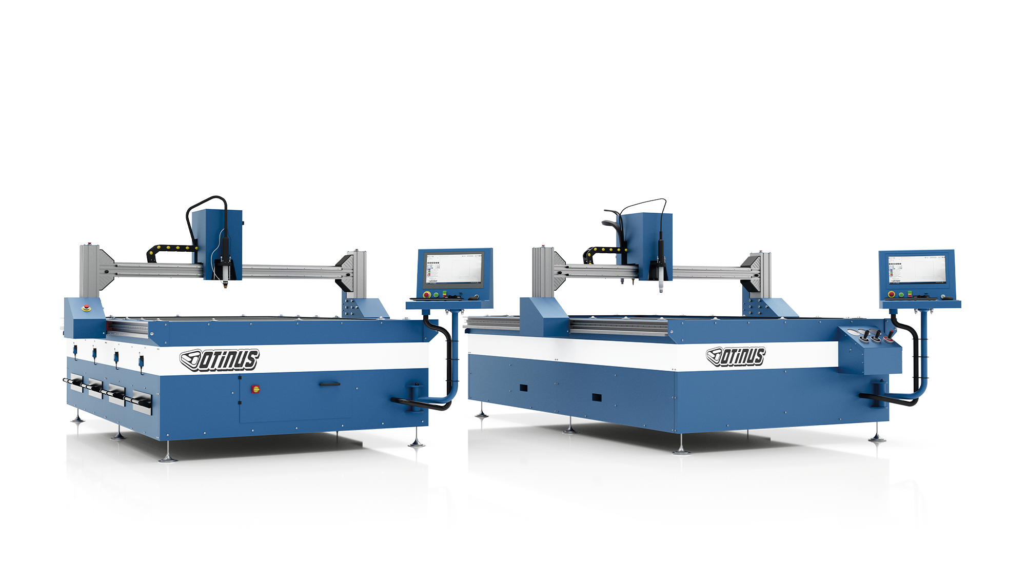 From left: an Otinus plasma cutting machine with a ventilated table and an Otinus plasma–gas cutting machine with a water table, both featuring gantry-type construction with side-mounted control panels.