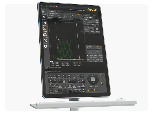 Panel sterowania HypCut z dużym ekranem dotykowym prezentującym interfejs do obsługi wycinarek laserowych.
