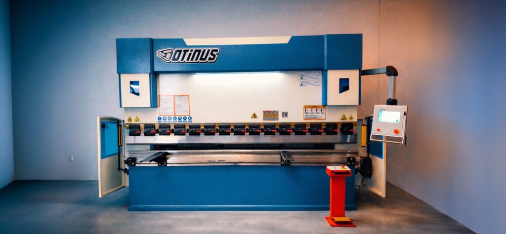Prasa krawędziowa Otinus z systemem sterowania Delem DA-58T, wyposażona w segmentowy docisk i panel CNC, przeznaczona do precyzyjnego gięcia blachy w nowoczesnym środowisku przemysłowym.