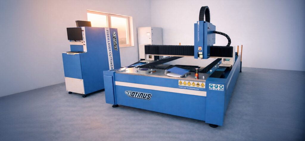 Otwarta wycinarka laserowa CNC Otinus do precyzyjnego cięcia blach, wyposażona w źródło fiber laser i solidną konstrukcję przemysłową, prezentowana w nowoczesnej hali produkcyjnej.