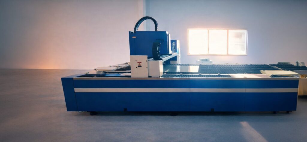 Otwarta wycinarka laserowa fiber CNC do precyzyjnego cięcia blach, wyróżniająca się dużym polem roboczym, stabilną konstrukcją i nowoczesnym układem bramy w profesjonalnym środowisku produkcyjnym.