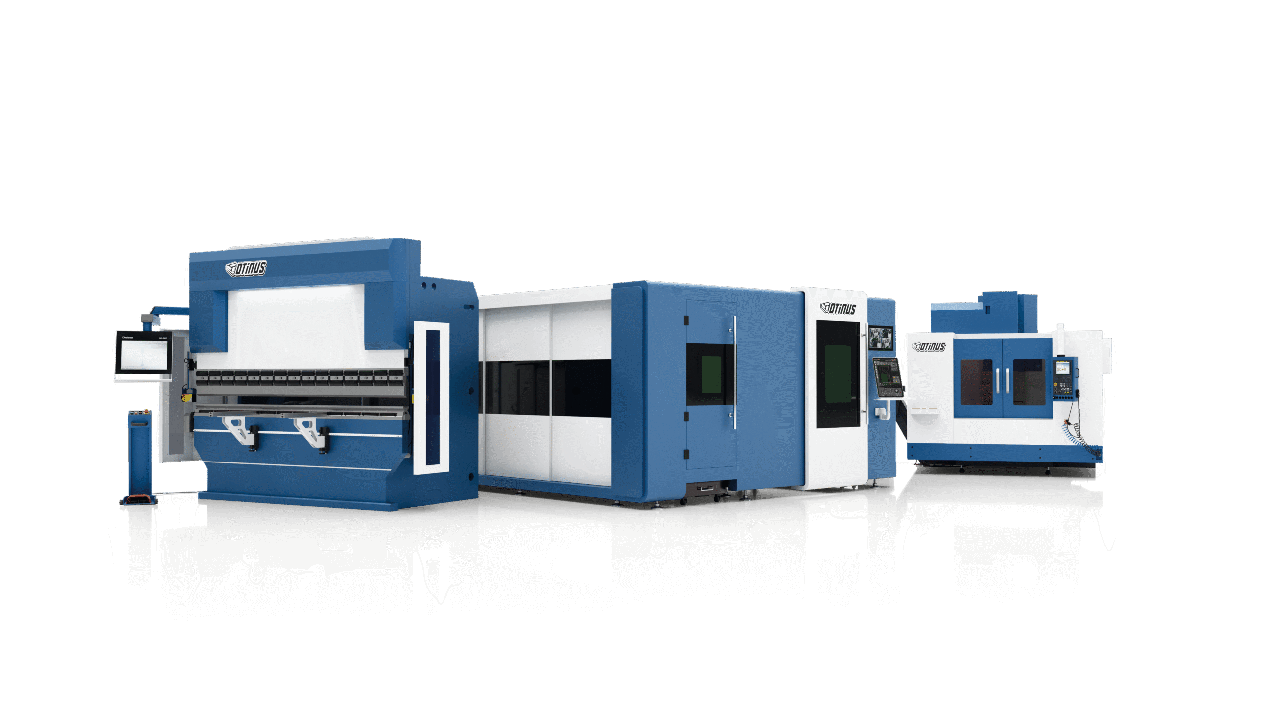 Otinus machine group including a hydraulic press brake, enclosed laser cutting machine, and CNC milling machine.