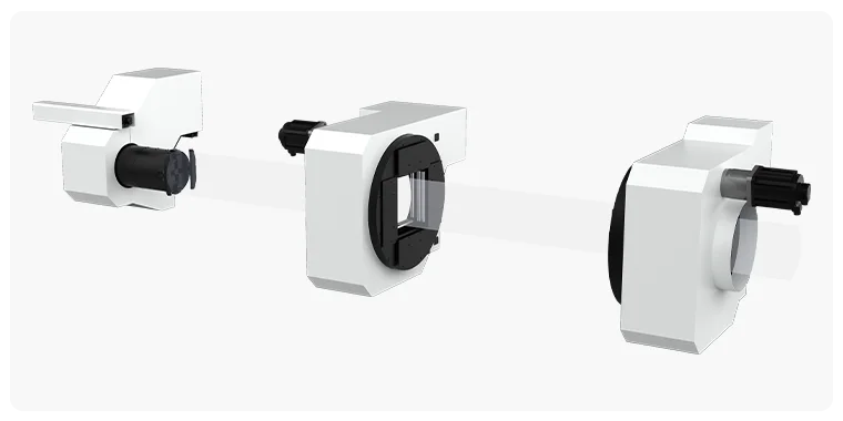 Set of three clamping chucks for laser cutting machines for tubes and profiles, shown from different angles.
