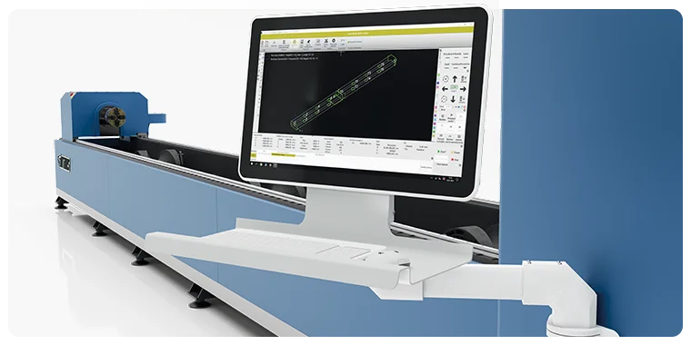 Control panel with tube and profile cutting software mounted next to the Otinus laser cutting machine.