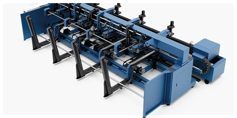 Automatic loader for the Otinus laser cutting machine for tubes and profiles, equipped with a multi-stage system of guides and feeding arms.
