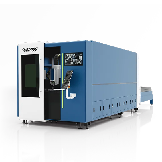 Enclosed Otinus CNC fiber laser cutting machine with integrated control panel and safety housing, designed for precise industrial sheet metal processing.