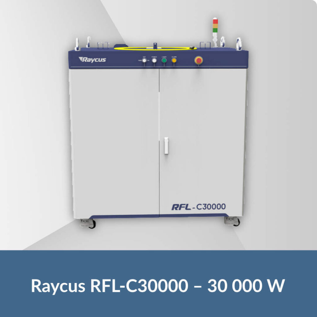 Raycus RFL-C30000 high-power fiber laser source delivering 30,000 W, designed for heavy-duty industrial cutting of thick metal plates.