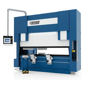 Otinus CNC press brake with touchscreen control panel, dual backgauge system, and robust steel frame, isolated on a transparent background.
