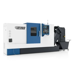 Otinus CNC lathe with enclosed work area, integrated control panel, and automatic chip conveyor, shown on a transparent background.
