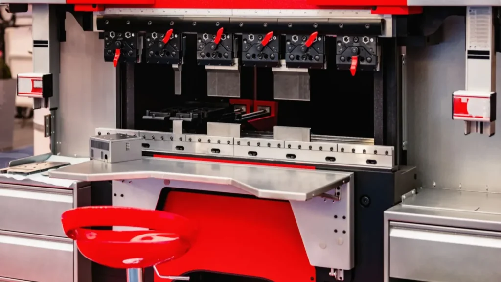 Press brake workstation with operator positioning and bending metal sheets.