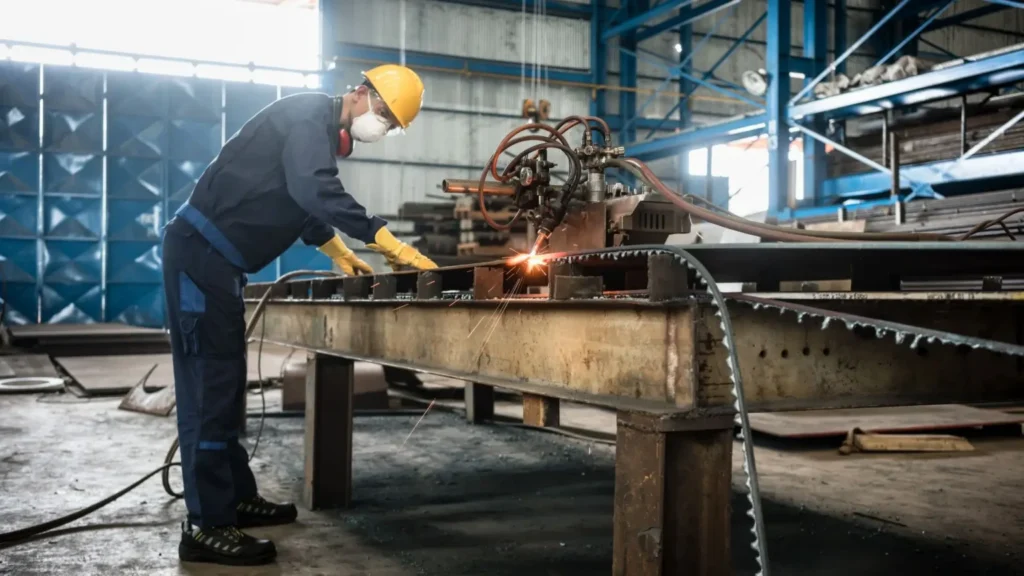 Industrial plasma cutting process used in metal fabrication.