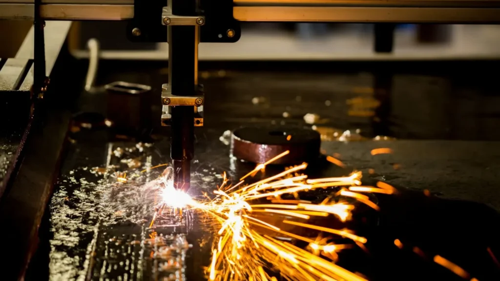 Plasma cutting process of metal sheets.