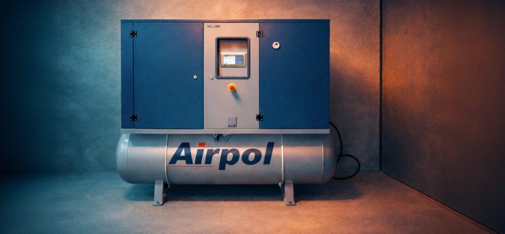 An industrial Airpol rotary screw compressor with an integrated compressed air tank and control panel, designed for continuous operation in manufacturing facilities.