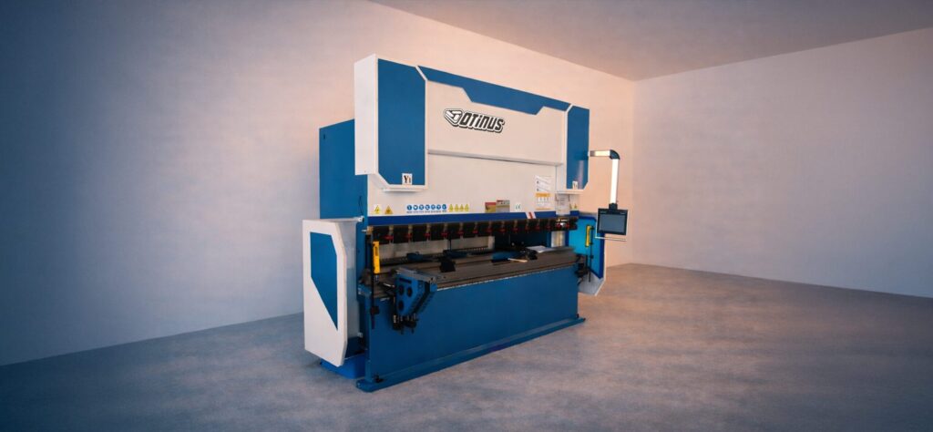 A modern CNC Otinus press brake in a production hall, equipped with Delem DA-58T control, designed for precise sheet metal bending in industrial applications.