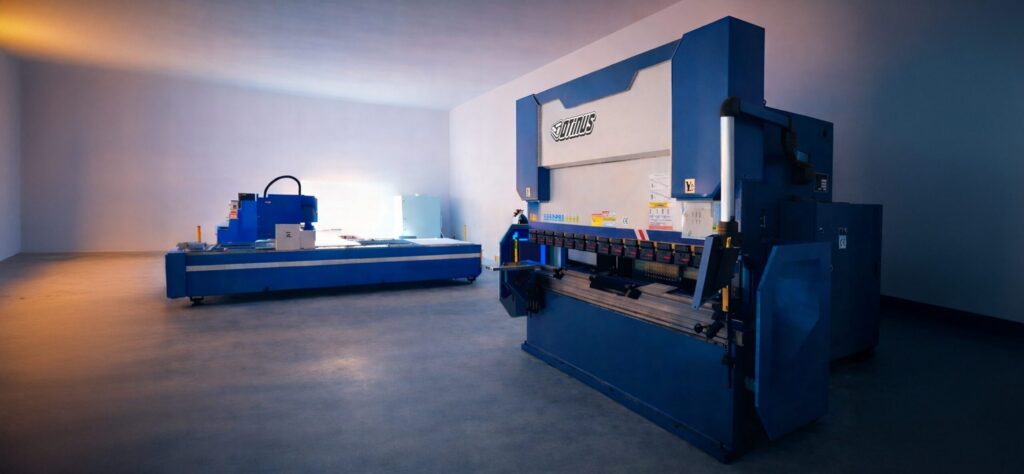 A modern CNC Otinus press brake with the Delem DA-58T control system, presented in a production hall alongside an industrial cutting machine, highlighting bending precision and advanced automation of sheet metal processing operations.