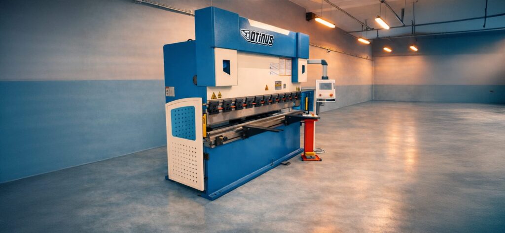 Industrial Otinus press brake with the Delem DA-58T control system, shown in a semi-side view, equipped with an operator panel, safety guards, and a precise sheet metal bending system in a professional production hall