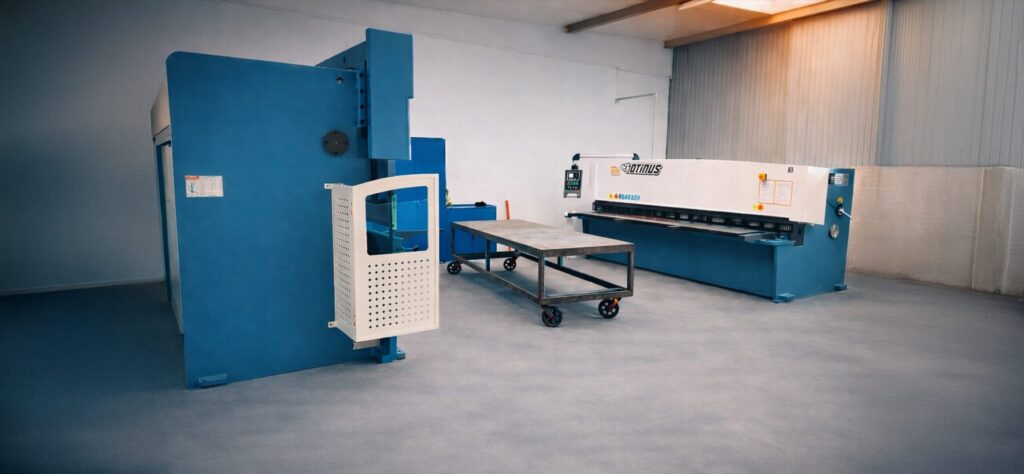 Modern Otinus guillotine shears and a press brake with the Delem DA-58T control system installed in a clean, professional production hall, highlighting precision, safety, and the industrial aesthetics of a sheet metal processing line.