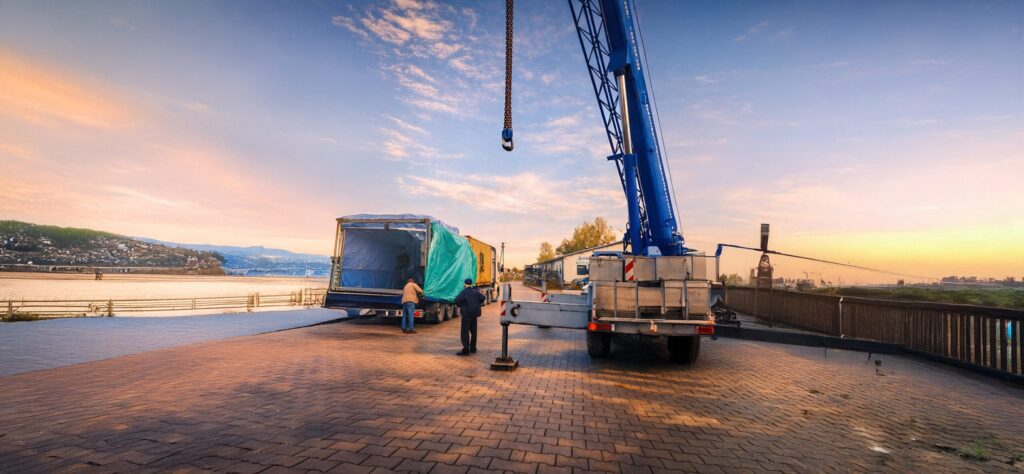 Loading of an industrial machine onto a truck using a crane, carried out by a technical team at an industrial facility.