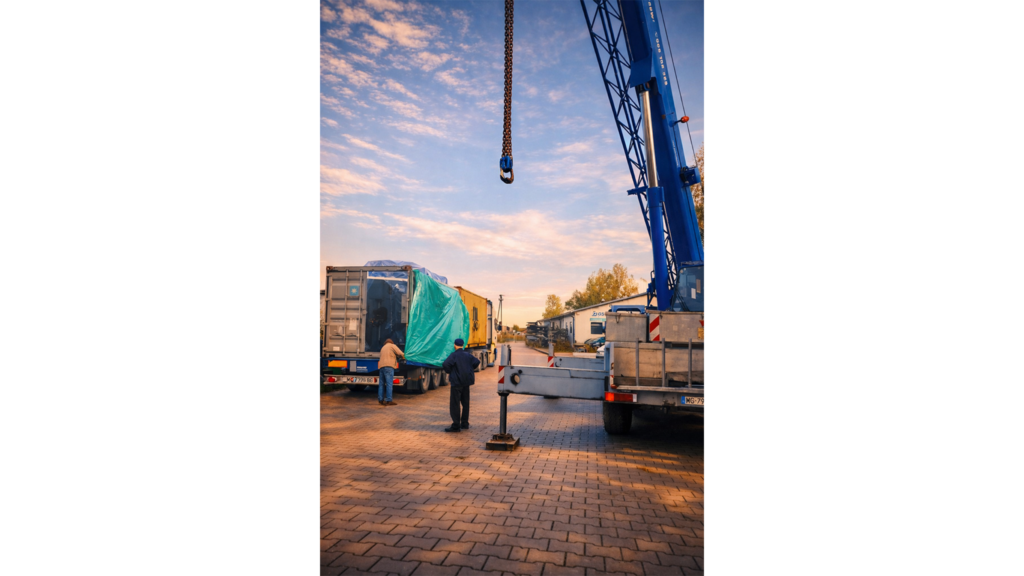 Loading of an industrial machine onto a truck using a crane, carried out by a technical team at an industrial facility.