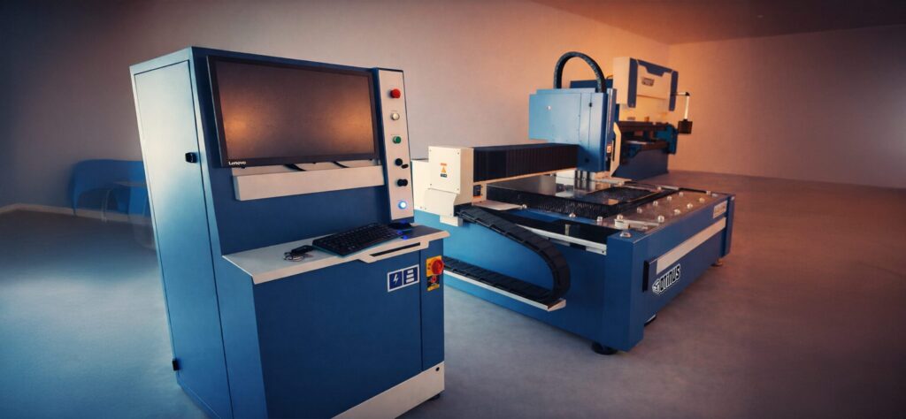 A modern open CNC laser cutting machine for precise sheet metal cutting, equipped with a standalone control console with a display and a robust industrial-grade construction, designed for professional production applications.