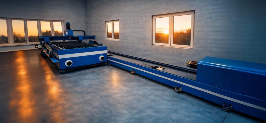 An open CNC laser cutting machine with a rotary attachment for cutting pipes and profiles, installed in a modern production hall and ready for precise metal processing.