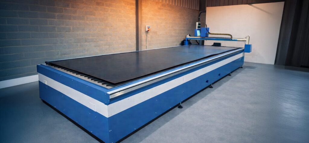 6020-D plasma cutting machine with a water table and loaded sheet metal, showcasing a large working surface and robust construction for precise metal cutting in industrial conditions.