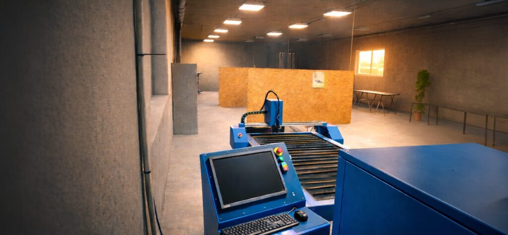Otinus plasma cutting machine with a water table and CNC control panel, positioned in a spacious production hall and prepared for precise metal cutting in industrial conditions.