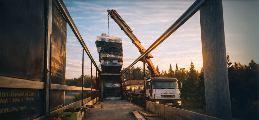 Precision loading of a tall industrial machine onto a truck trailer using a mobile crane, carried out at dusk as part of professional specialized transport operations.