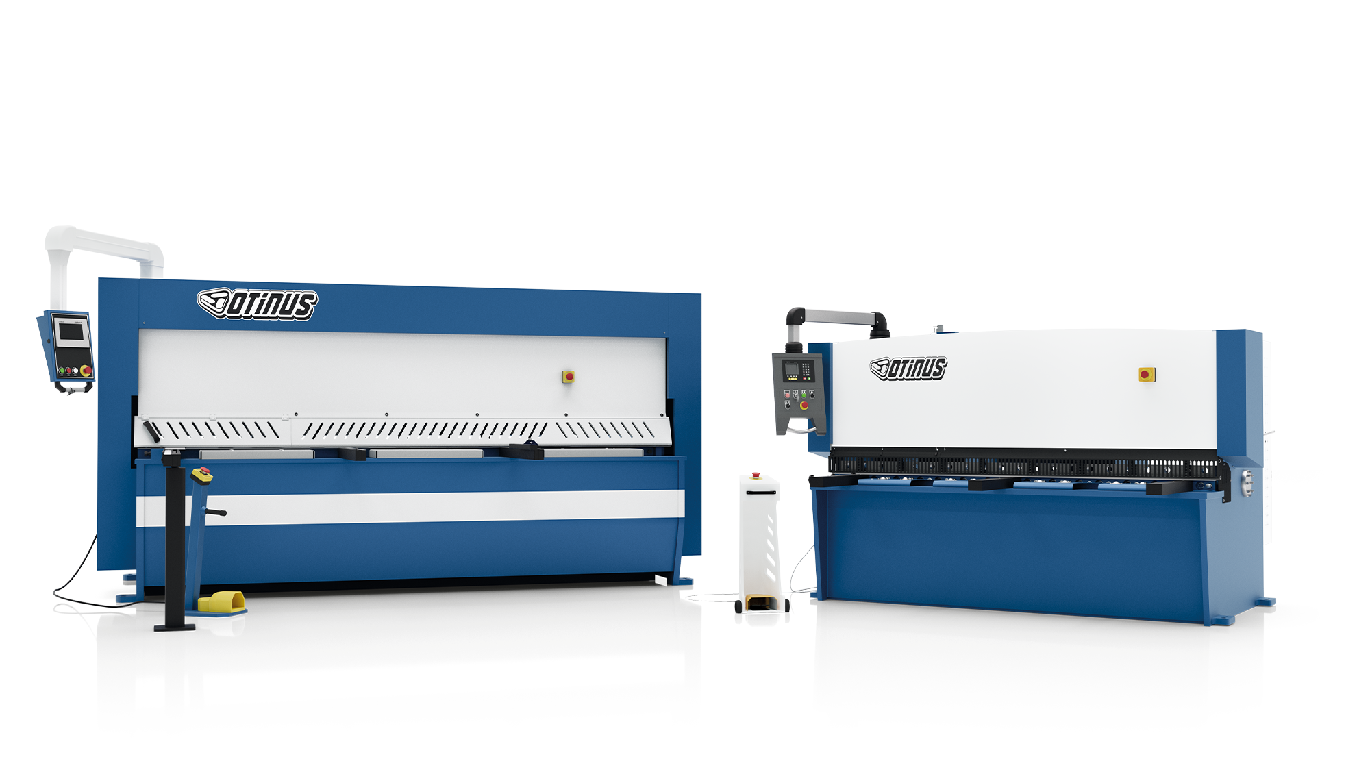 Otinus sheet metal guillotines in a white-and-blue color scheme, positioned side by side with visible control panels and worktables.